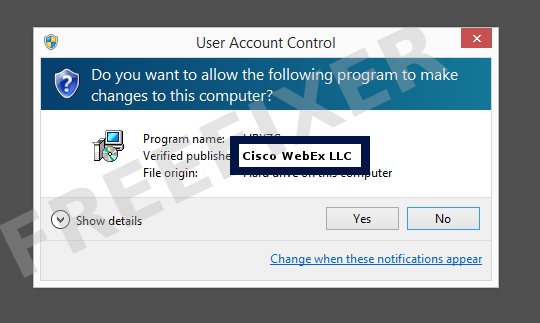 Screenshot where Cisco WebEx LLC appears as the verified publisher in the UAC dialog